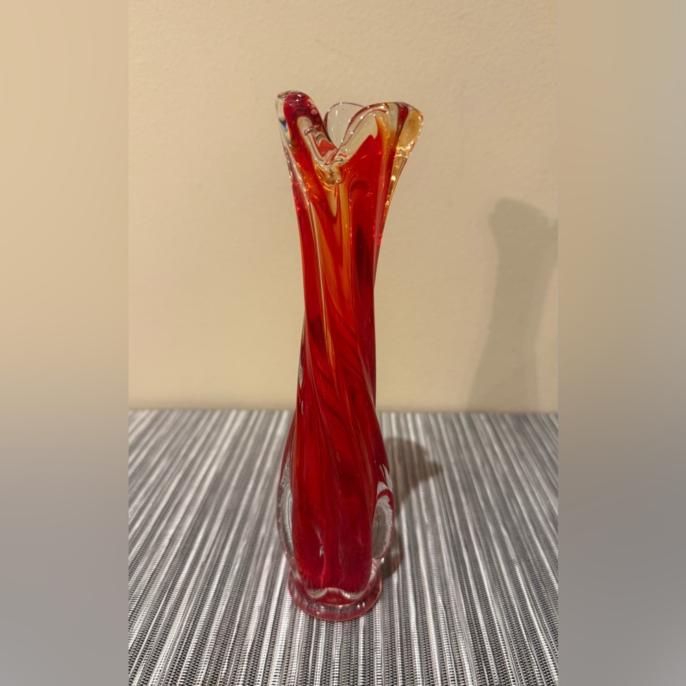 Swung Glass Vase Ruby Red Twisted Art Glass w/ 3 Ruffled Fingers MCM